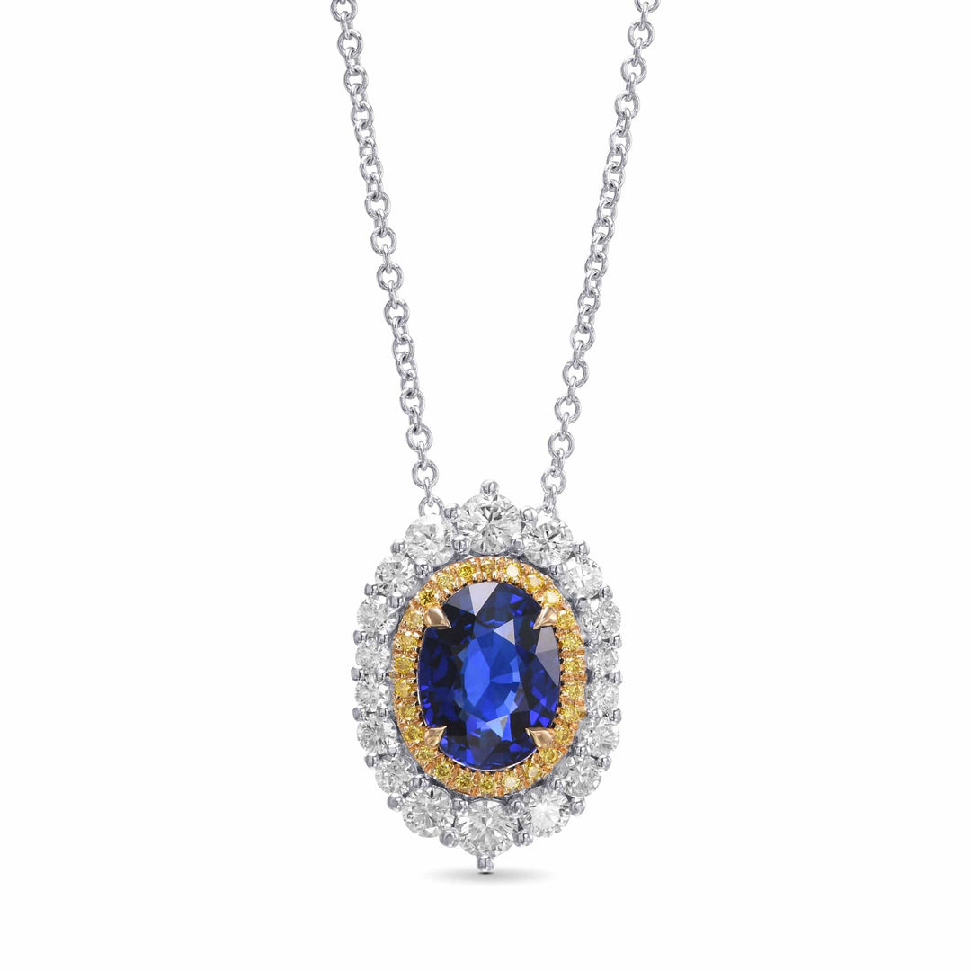 Royal Blue Oval Sapphire and Diamond Double Halo Pendant Brand Necklace