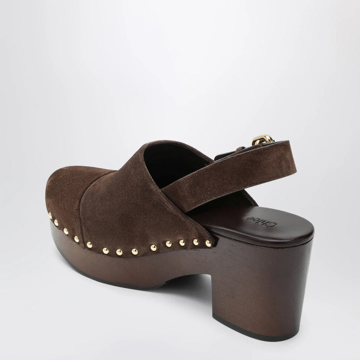 Chloé - Jeannette wedge clogs in suede calfskin, chocolate brown Brand Pants