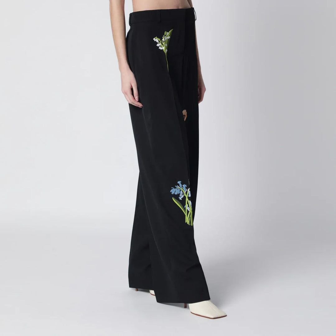 Stella McCartney - Black wool trousers with floral embroidery Brand Pants 38  IT