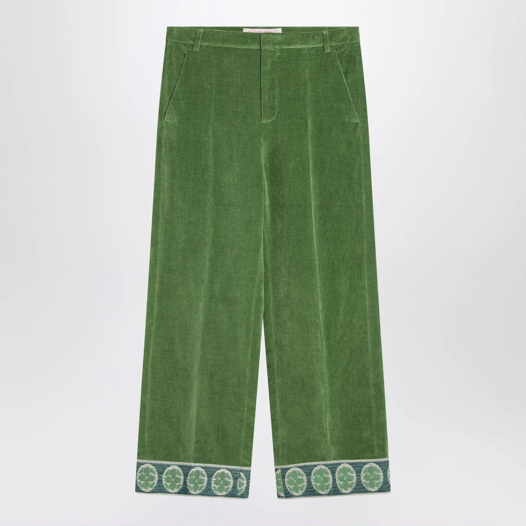Valentino - Green velvet trousers with jacquard hem Brand Pants 46 IT