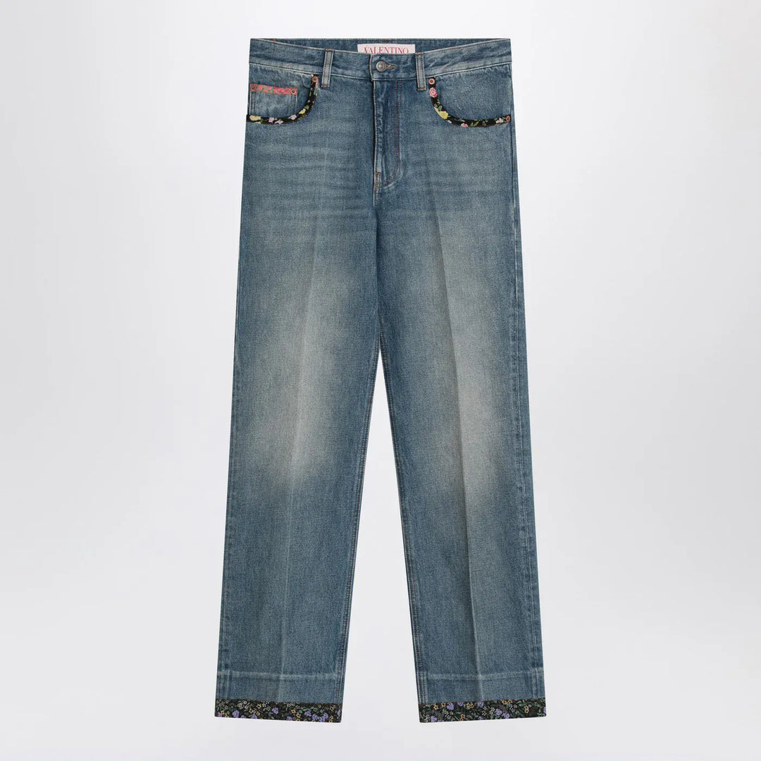 Valentino - Washed blue jeans with floral fabric trims Brand Pants 28