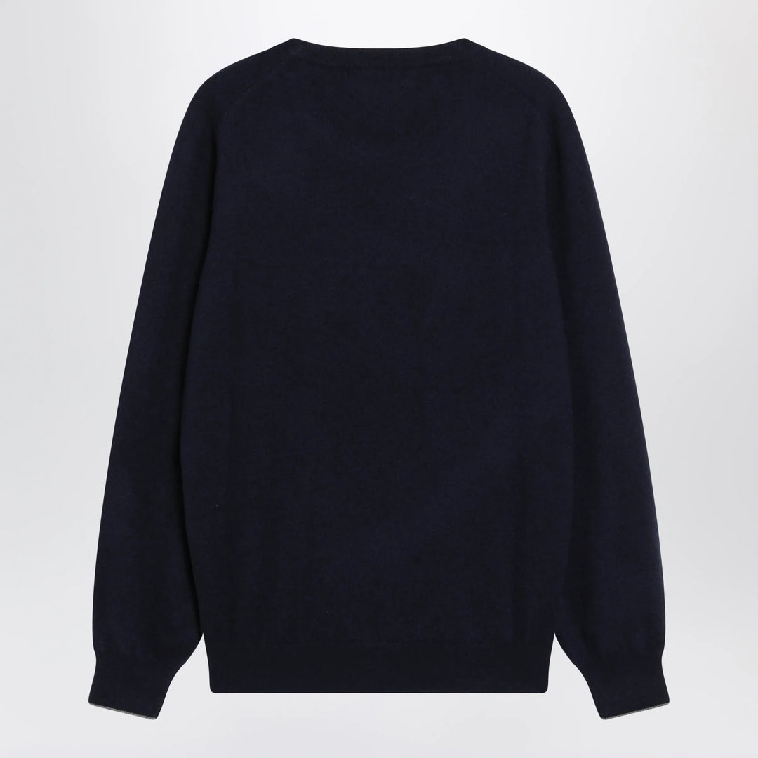 Brunello Cucinelli - Navy blue cashmere crewneck sweater with contrast trim Brand Shirts &amp; Tops