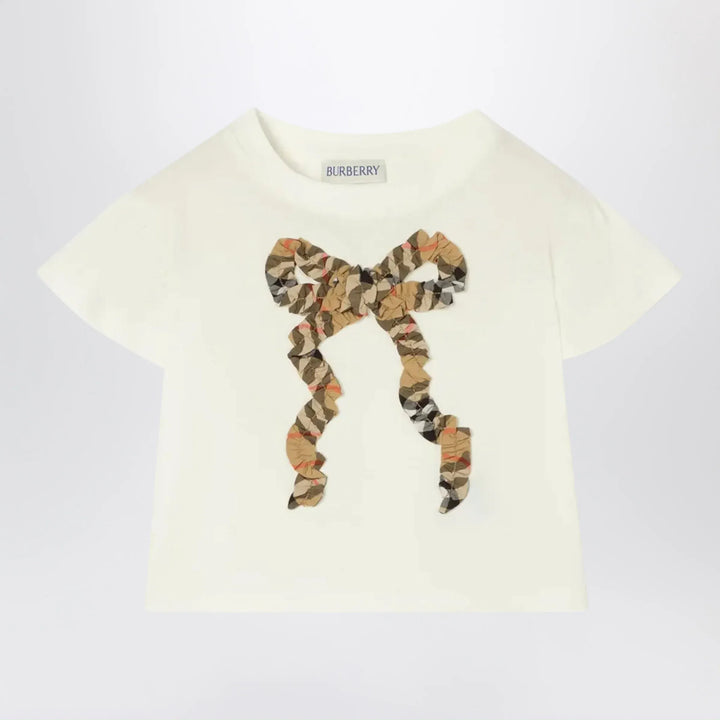 Burberry - Chalk white T-shirt with bow with Checked pattern Brand Shirts &amp; Tops 2Y