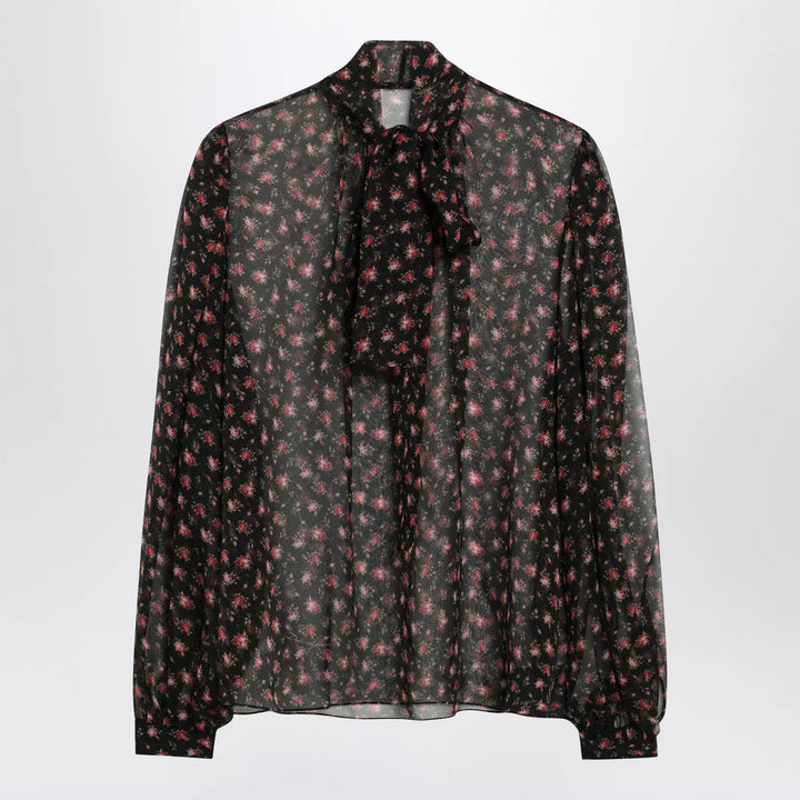 Dolce&amp;Gabbana - Black chiffon blouse with small rose print Brand Shirts &amp; Tops 42  IT