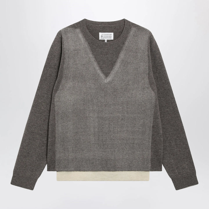 Maison Margiela - Crewneck lambswool sweater in mud and ecru Brand Shirts &amp; Tops S
