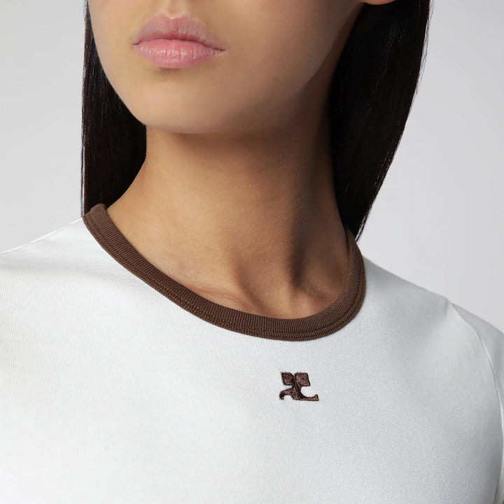 Courrèges - White/Brown cotton T-shirt with contrast crew neck Brand T-Shirt