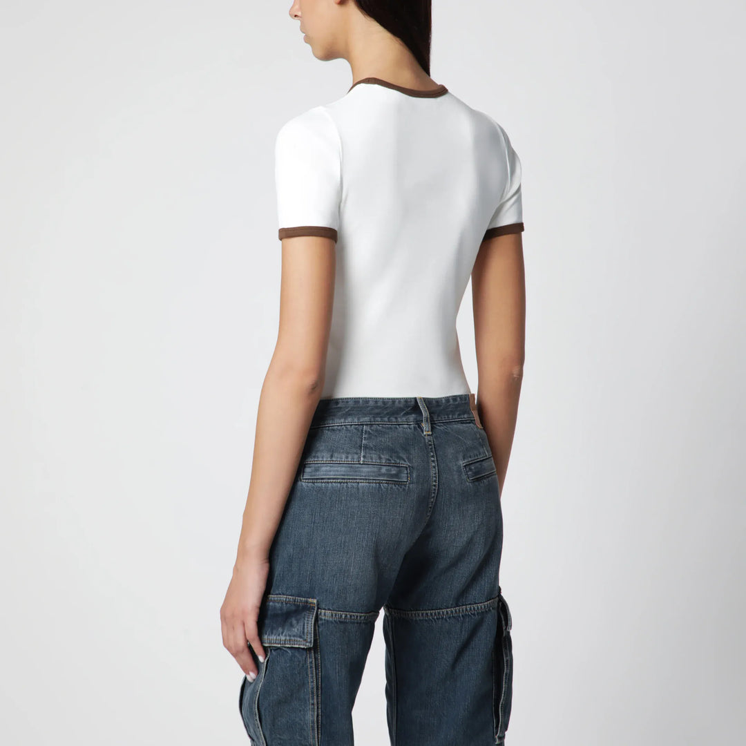 Courrèges - White/Brown cotton T-shirt with contrast crew neck Brand T-Shirt