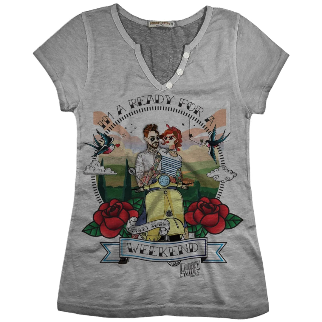 Vintabros T-shirt S / Grey Vintabros Weekend on Vespa Cotton Women T-shirt V Neck Brand