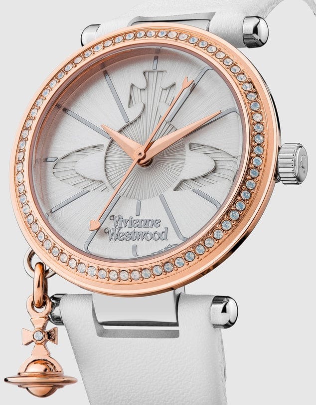 Vivienne Westwood Orb Pastelle Watch White Leather Strap Rose Gold Case italianluxurygroup