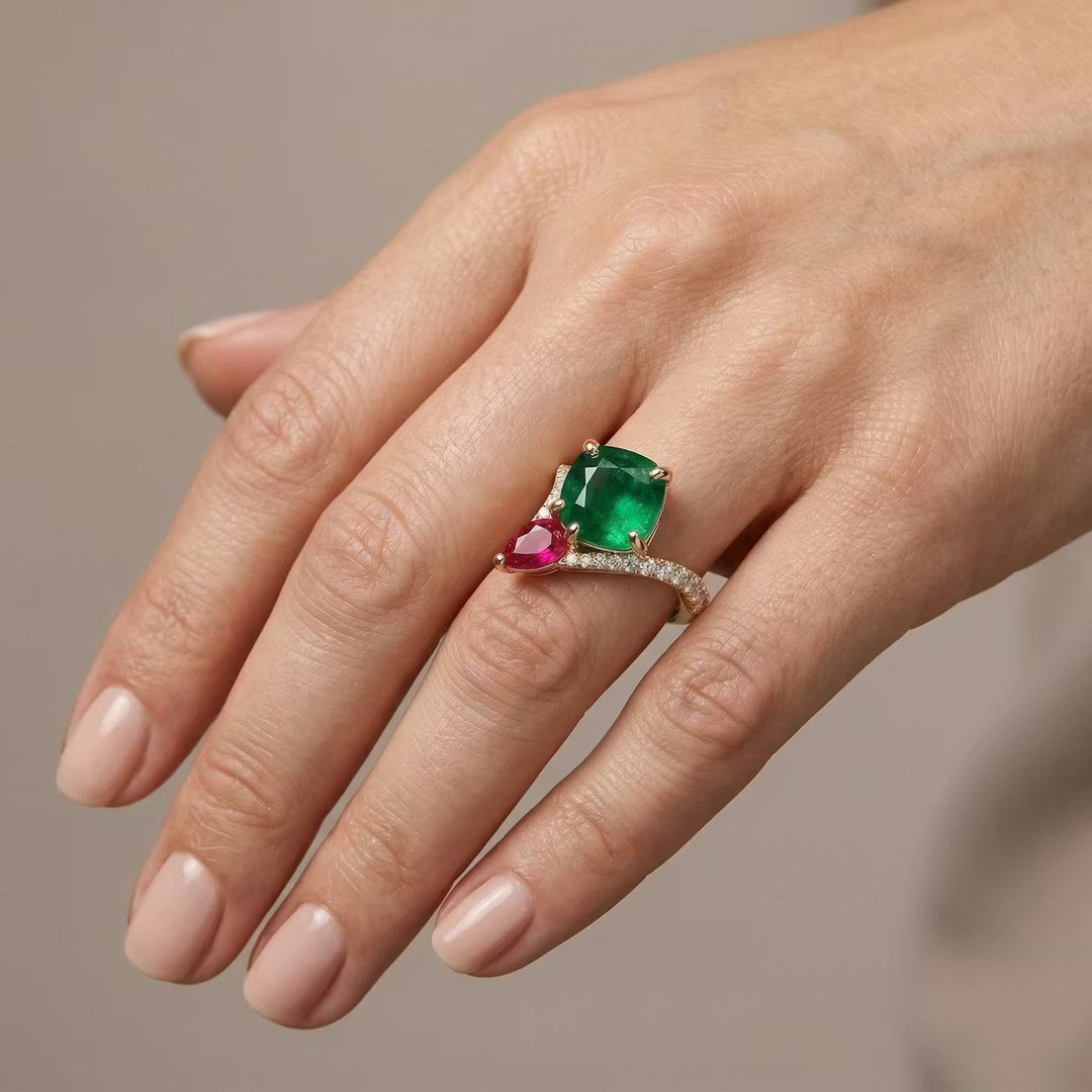 Leibish Emerald and Ruby Two-stone Ring
