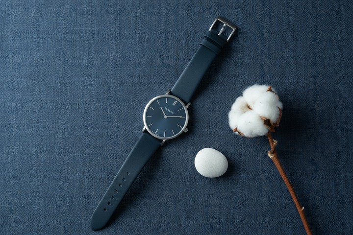 Nordgreen Native 32mm Navy Dial Vegan Leather watch flat lay on navy linen with white cotton flower