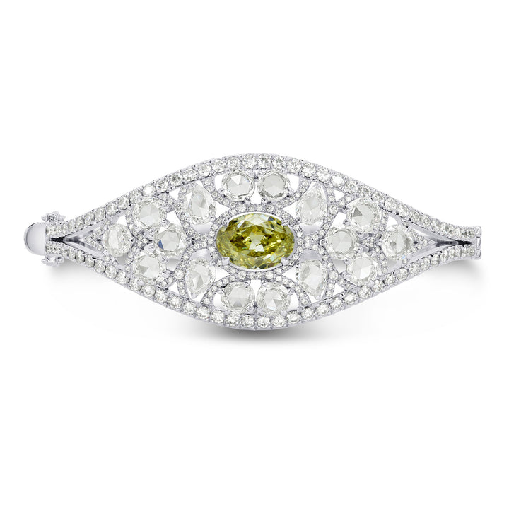 Leibish Extraordinary Grayish Greenish Yellow Oval &amp; Rose-cut Diamond Bangle