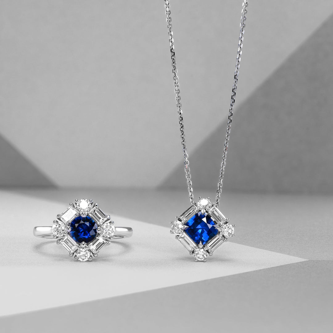Leibish Cushion Blue Sapphire and Baguette Diamond Halo Pendant