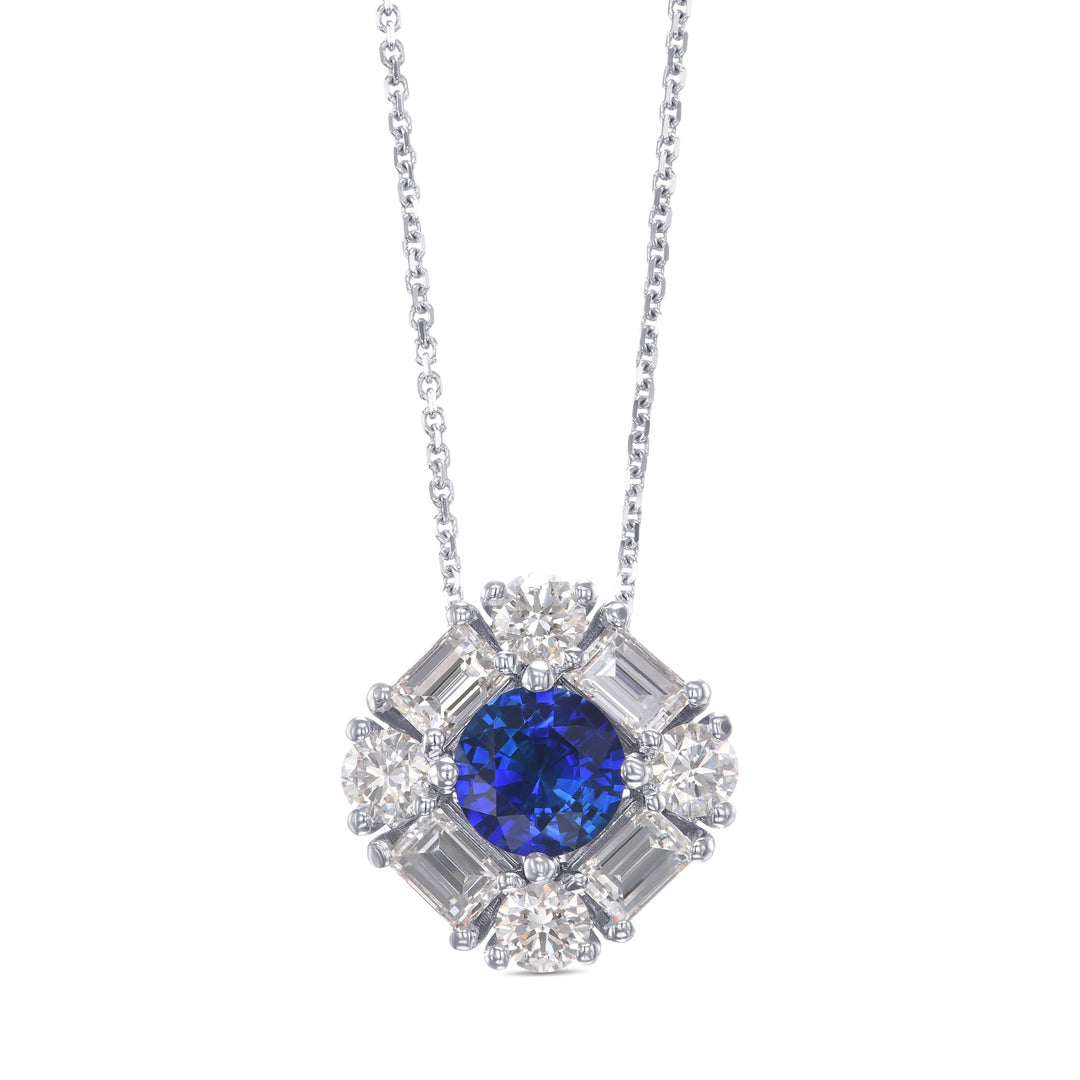 Round Blue Sapphire and  Baguette Diamond Halo Pendant