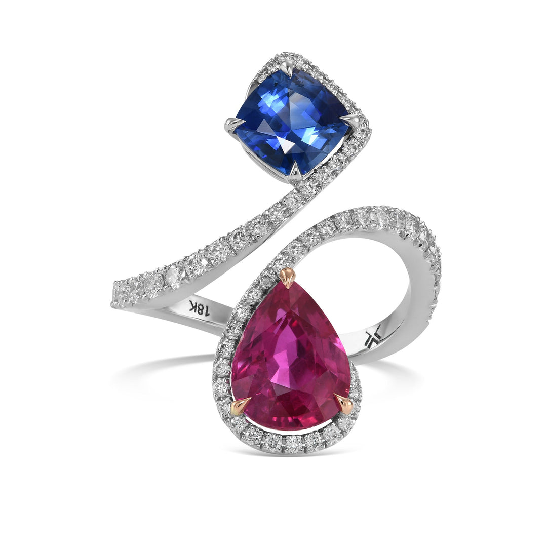 Leibish Ruby, Blue Sapphire and Diamond Two-stone Crossover Ring