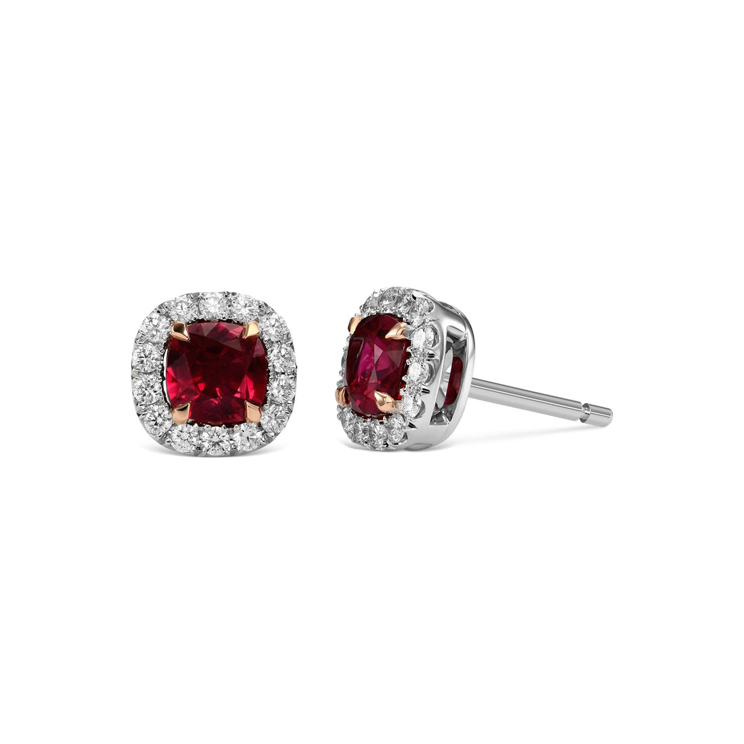 Leibish Cushion Ruby and Diamond Halo Earrings