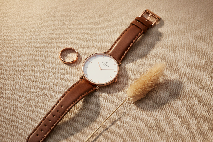 Nordgreen Native Rose Gold Brown Leather Flat Lay Lifestyle