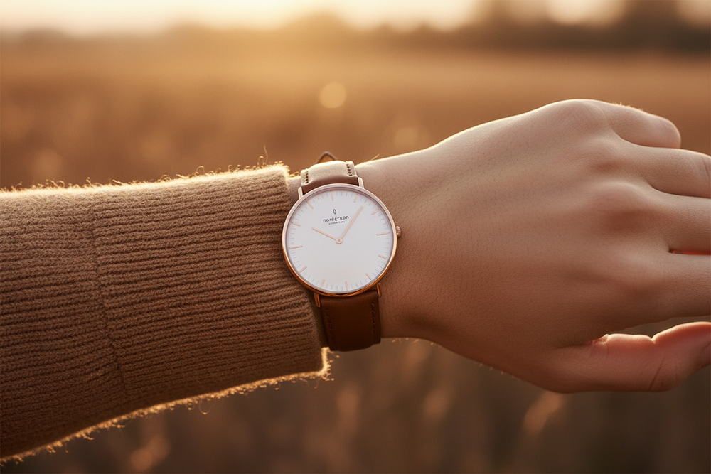 Nordgreen Native Rose Gold Brown Leather Wrist Lifestyle
